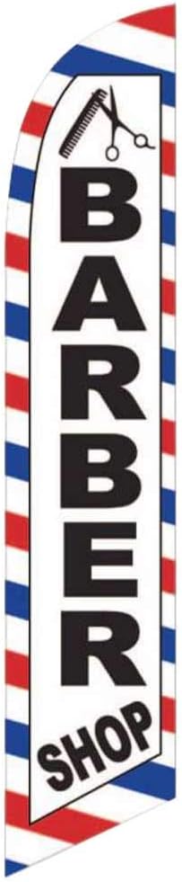 Barber Shop (White) Feather Flag Eye Catching Banner Sign for Business and Marketing Complete Set with 15 ft Pole Kit and Ground Spike
