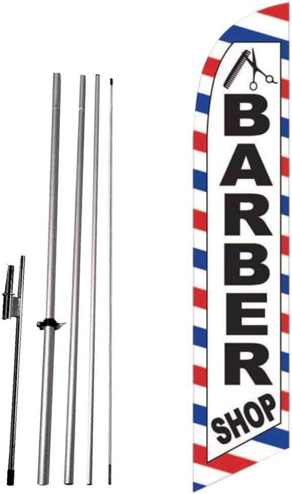 Barber Shop (White) Feather Flag Eye Catching Banner Sign for Business and Marketing Complete Set with 15 ft Pole Kit and Ground Spike
