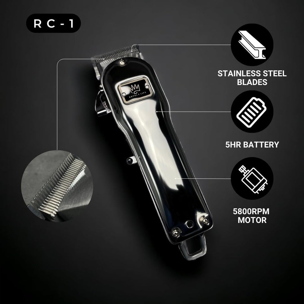 Royal Clips Hair and Beard Fade Kit – Professional Clipper, Trimmer & Foil Shaver Bundle for Men, Complete Haircut Set for Barbers, Home Use & Grooming – 5-Hour Battery, 10pcs Limit Combs, Silver