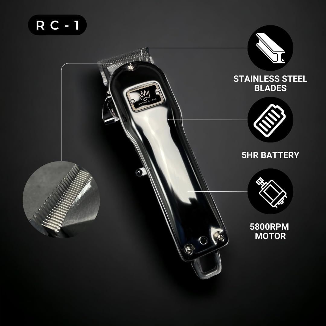 Royal Clips Hair and Beard Fade Kit – Professional Clipper, Trimmer & Foil Shaver Bundle for Men, Complete Haircut Set for Barbers, Home Use & Grooming – 5-Hour Battery, 10pcs Limit Combs, Silver