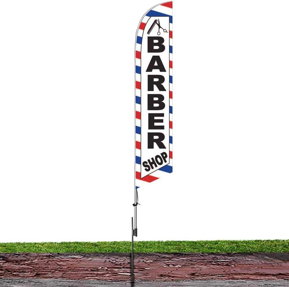 Barber Shop (White) Feather Flag Eye Catching Banner Sign for Business and Marketing Complete Set with 15 ft Pole Kit and Ground Spike