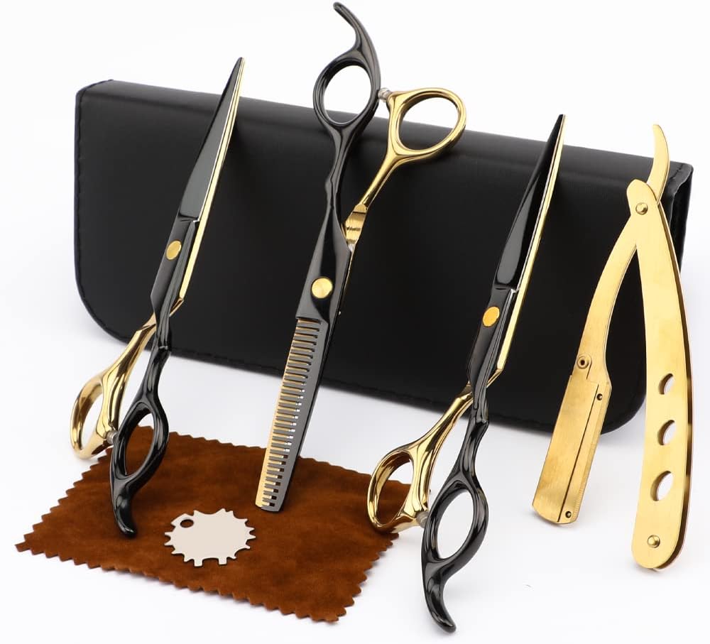 Professional Black Gold Hairdressing Teeth Scissors Stainless Steel Barber Hair Cutting Sets Salon Multifunctional Thinning Straight Shears Tools for Mother Father's Gift