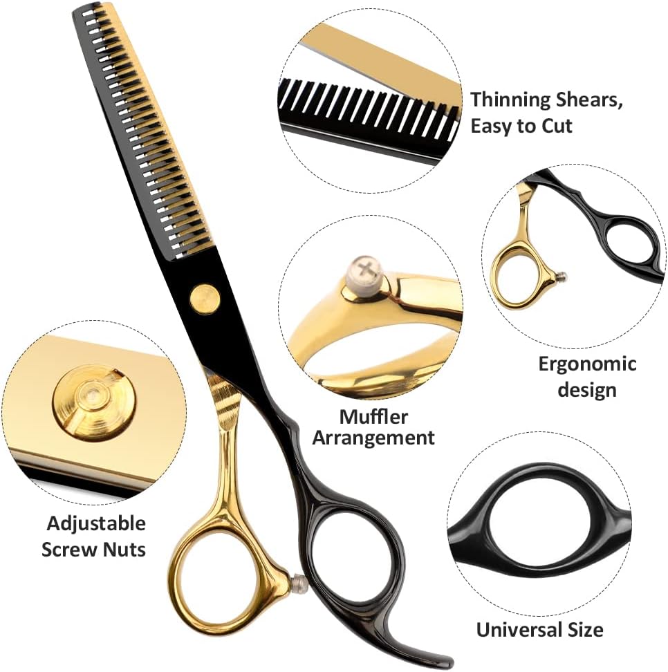 Professional Black Gold Hairdressing Teeth Scissors Stainless Steel Barber Hair Cutting Sets Salon Multifunctional Thinning Straight Shears Tools for Mother Father's Gift