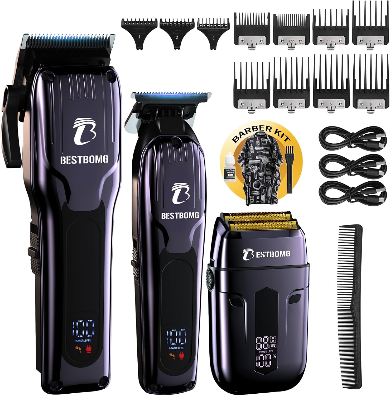 BESTBOMG® Hair Clippers for Men, Professional Hair Clippers, Beard Trimmer& Rechargeable Shaver Set, Metal T-Blade, LED Display, Barber Hair Cutting Kit for Men Grooming & Gifts, BS-808C (Blue)