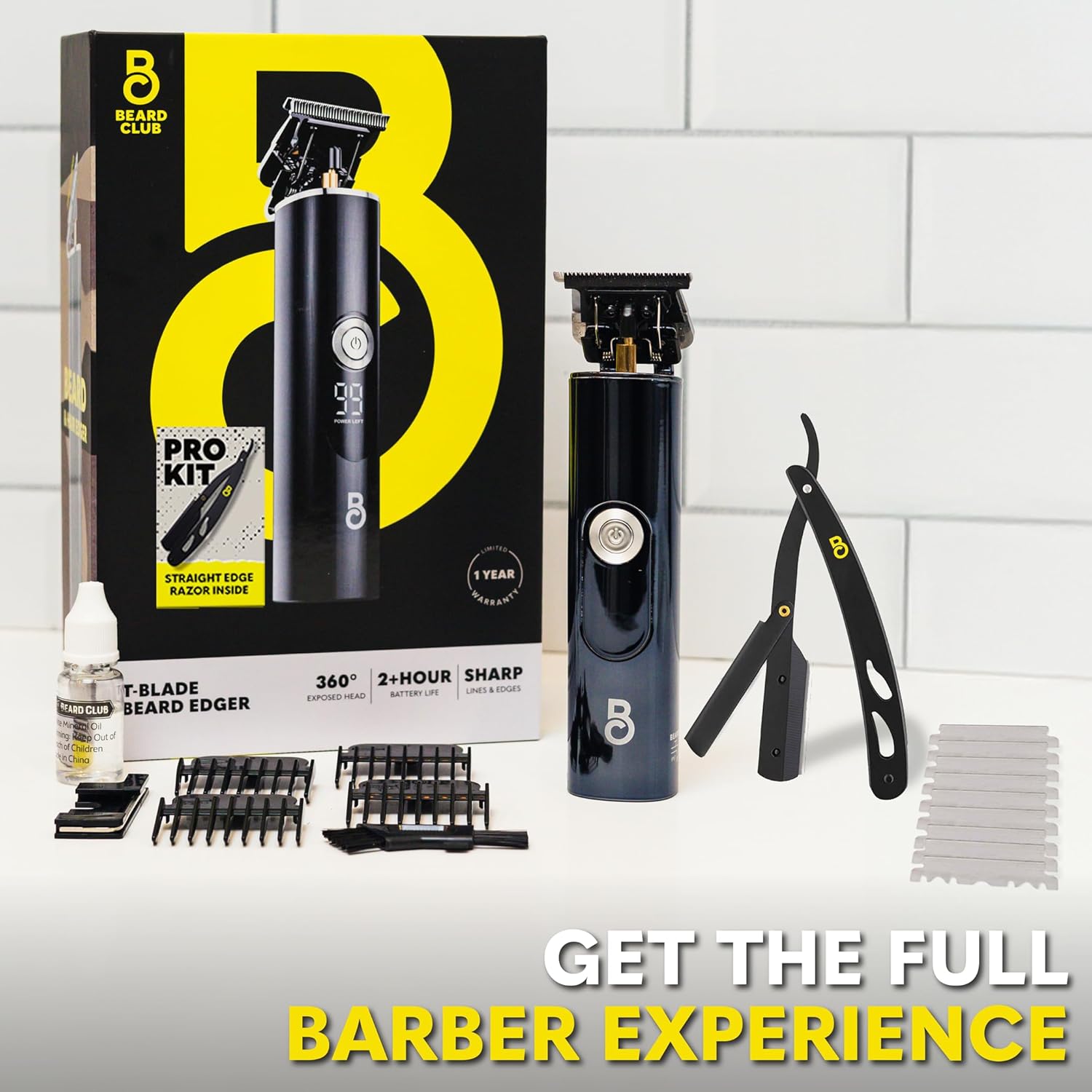 The Beard Club Professional T-Blade Beard Trimmer for Men with Straight Razor - Barber Electric Shaver & Hair Clippers for Men – Zero Gapped Cordless Hair Trimmer & Edger, Line Up Grooming Kit