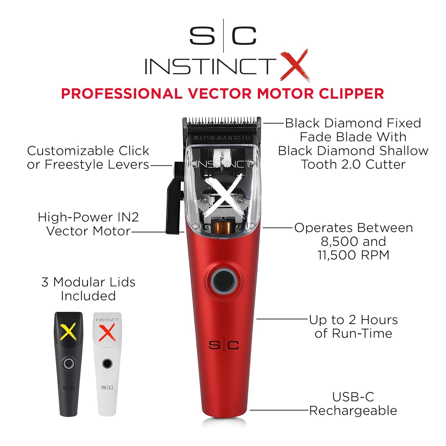 Stylecraft Instinct Professional IN2 Vector Motor Cordless Hair Clipper with Intuitive Torque Control, 3 Modular Lids