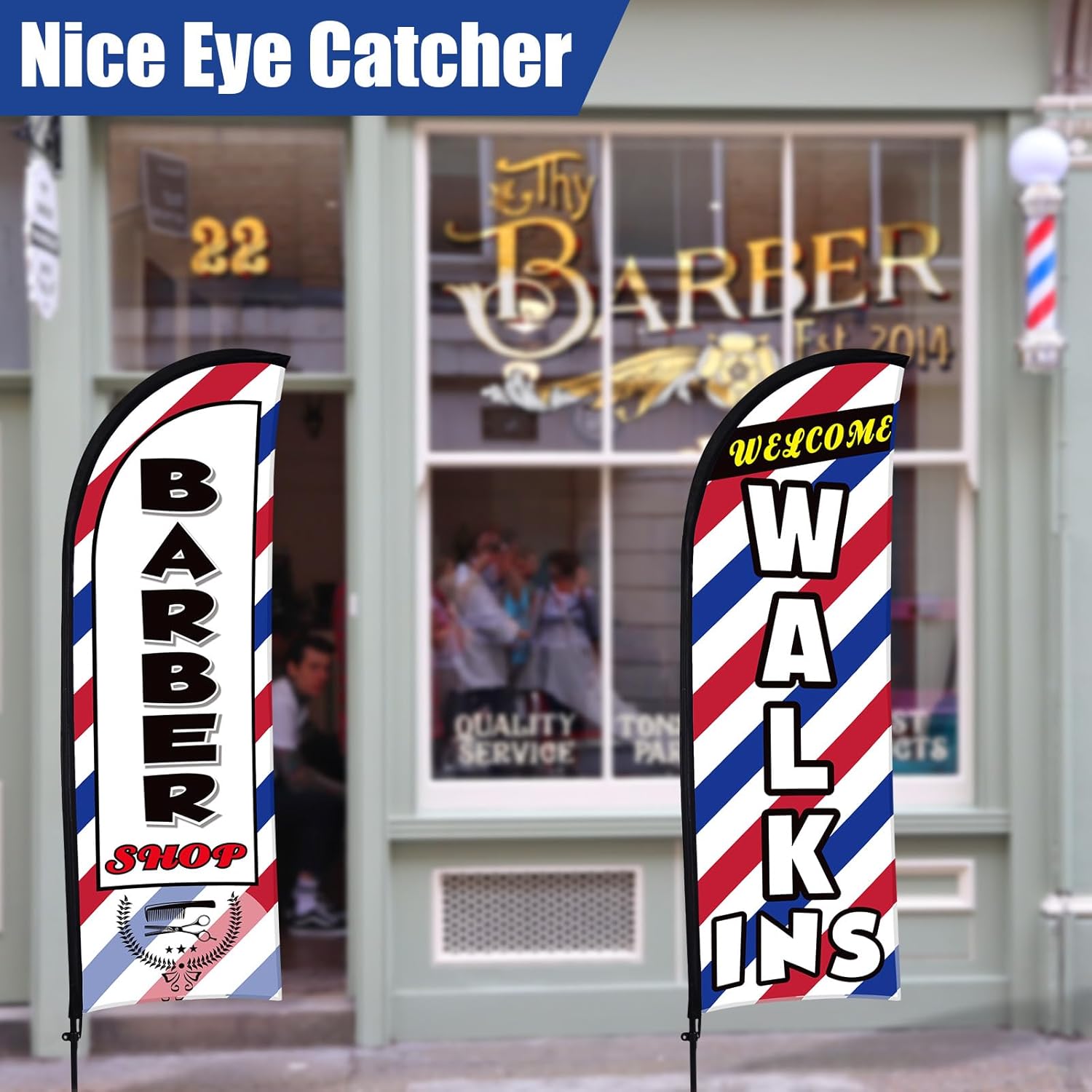 Buryeah 3 Sets Barber Shop Welcome Walk Ins Feather Flag Signs Barbershop Banner Swooper Flag with Flagpole Ground Stake Portable Bag for Salon Business Outdoor Advertising(8ft)
