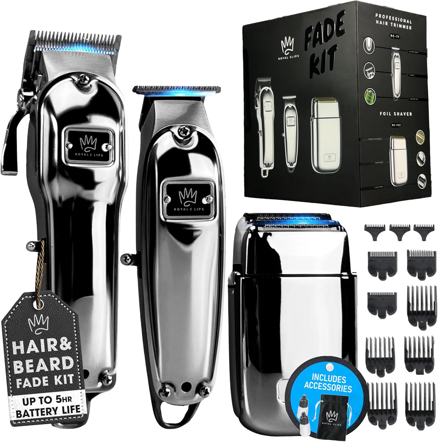 Royal Clips Hair and Beard Fade Kit – Professional Clipper, Trimmer & Foil Shaver Bundle for Men, Complete Haircut Set for Barbers, Home Use & Grooming – 5-Hour Battery, 10pcs Limit Combs, Silver