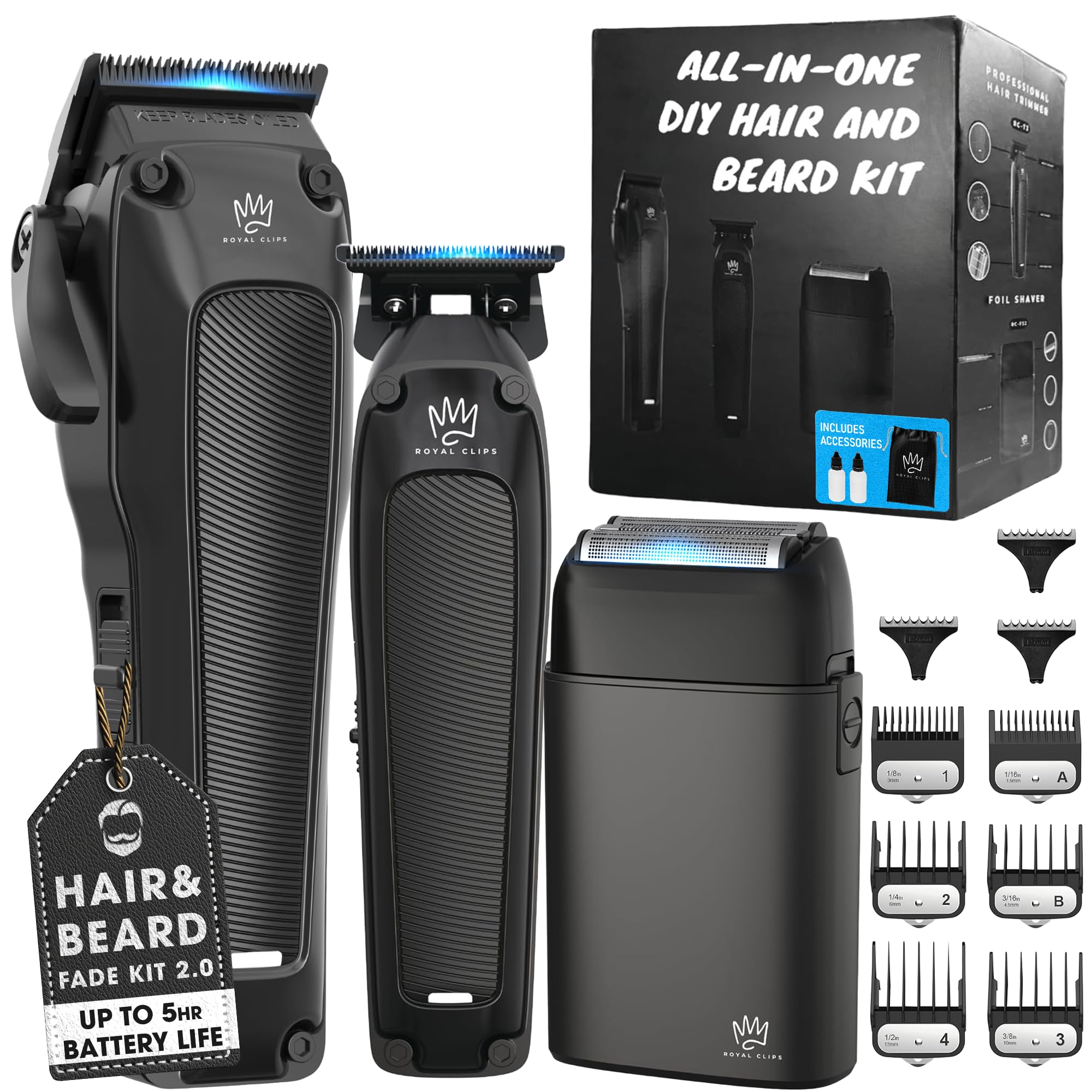 Royal Clips Hair and Beard Fade Kit – Professional Clipper, Trimmer & Foil Shaver Bundle for Men, Complete Haircut Set for Barbers, Home Use & Grooming – 5-Hour Battery, 10pcs Limit Combs, Silver