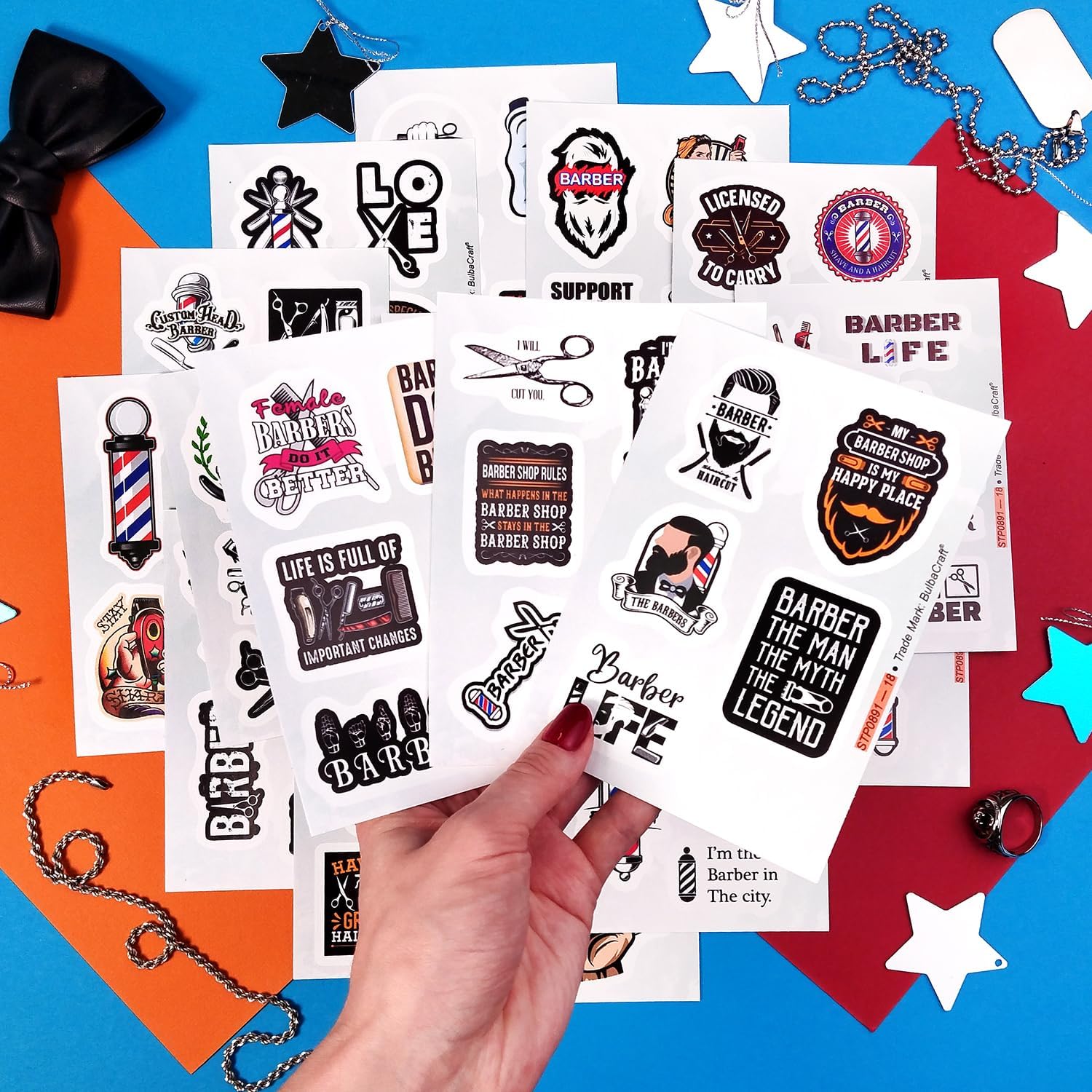 BulbaCraft 100Pcs Barber Stickers, Barbershop Stickers for Water Bottle & Laptop Decals - Barber Party Favors, Barbershop Accessories, Decorations & Supplies, Gifts for Women & Men