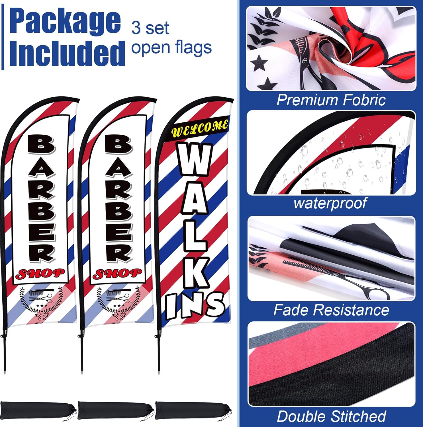Buryeah 3 Sets Barber Shop Welcome Walk Ins Feather Flag Signs Barbershop Banner Swooper Flag with Flagpole Ground Stake Portable Bag for Salon Business Outdoor Advertising(8ft)