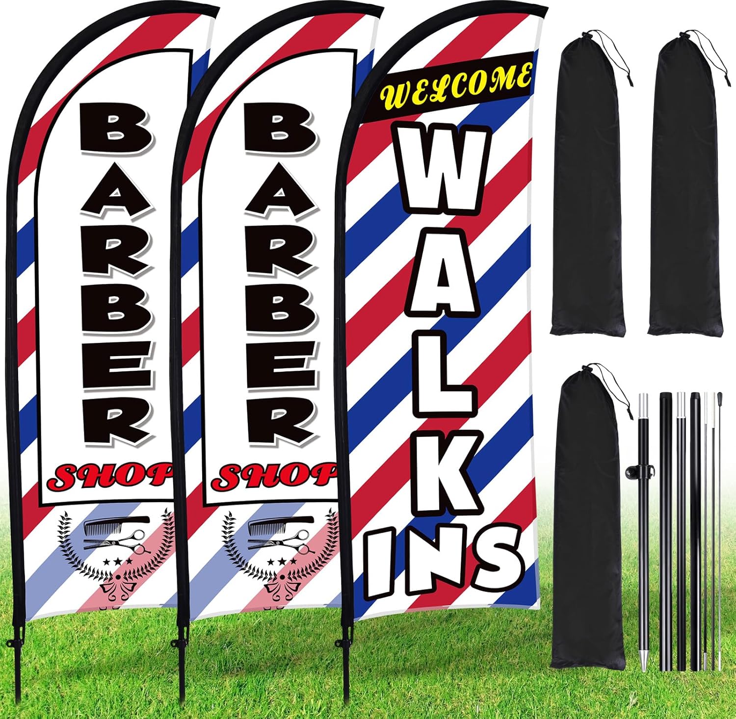 Buryeah 3 Sets Barber Shop Welcome Walk Ins Feather Flag Signs Barbershop Banner Swooper Flag with Flagpole Ground Stake Portable Bag for Salon Business Outdoor Advertising(8ft)
