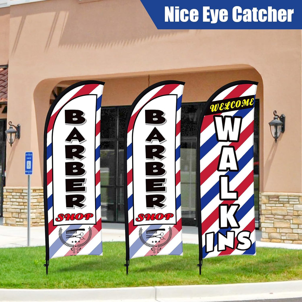 Buryeah 3 Sets Barber Shop Welcome Walk Ins Feather Flag Signs Barbershop Banner Swooper Flag with Flagpole Ground Stake Portable Bag for Salon Business Outdoor Advertising(8ft)