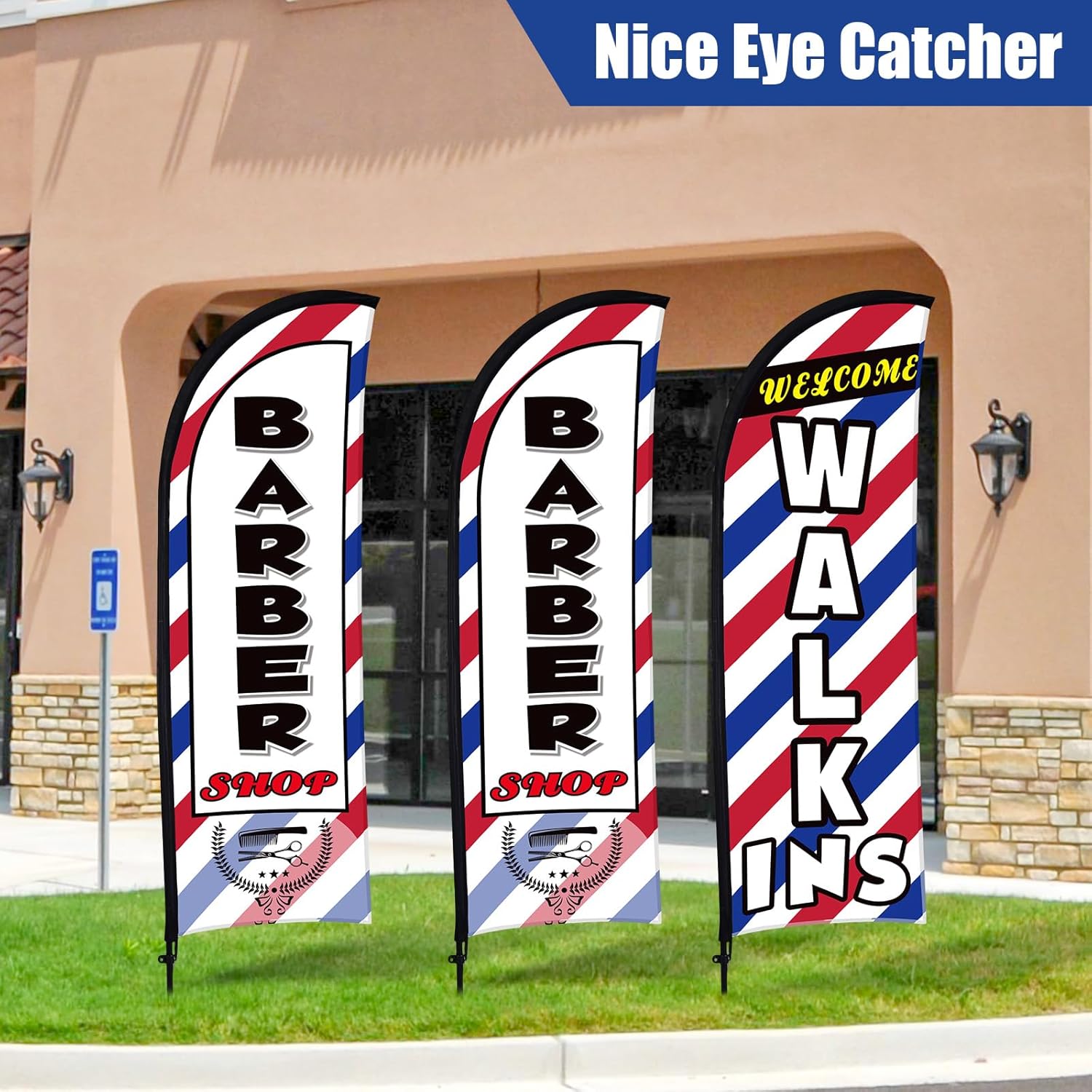 Buryeah 3 Sets Barber Shop Welcome Walk Ins Feather Flag Signs Barbershop Banner Swooper Flag with Flagpole Ground Stake Portable Bag for Salon Business Outdoor Advertising(8ft)
