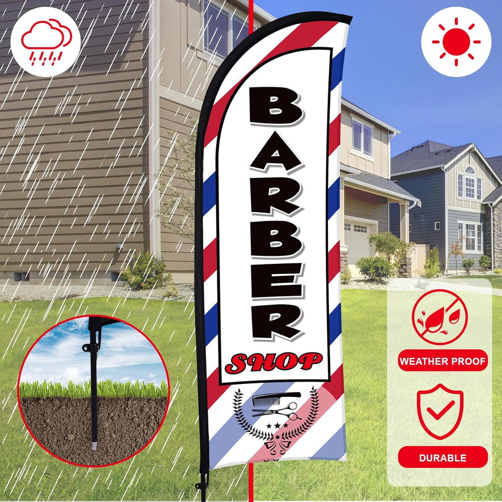 Buryeah 3 Sets Barber Shop Welcome Walk Ins Feather Flag Signs Barbershop Banner Swooper Flag with Flagpole Ground Stake Portable Bag for Salon Business Outdoor Advertising(8ft)
