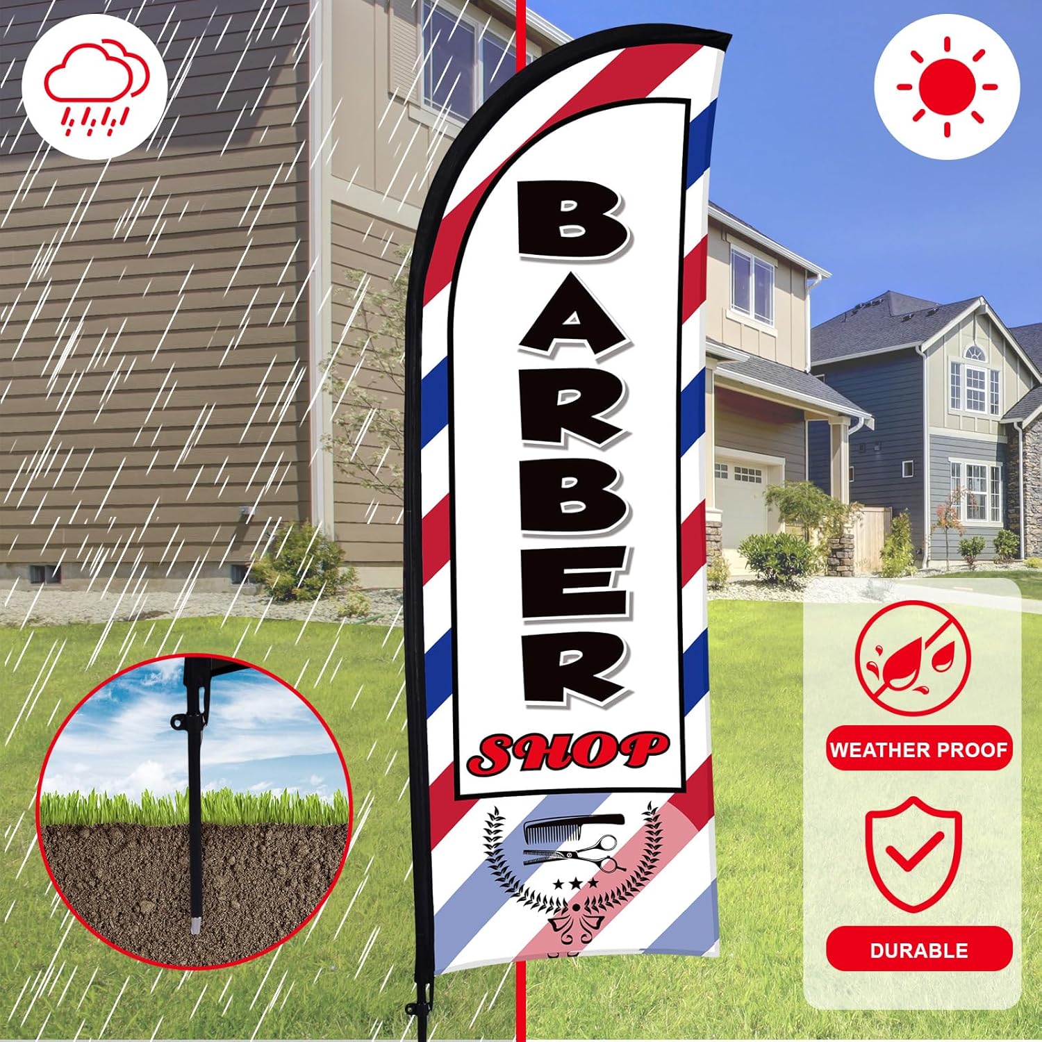Buryeah 3 Sets Barber Shop Welcome Walk Ins Feather Flag Signs Barbershop Banner Swooper Flag with Flagpole Ground Stake Portable Bag for Salon Business Outdoor Advertising(8ft)