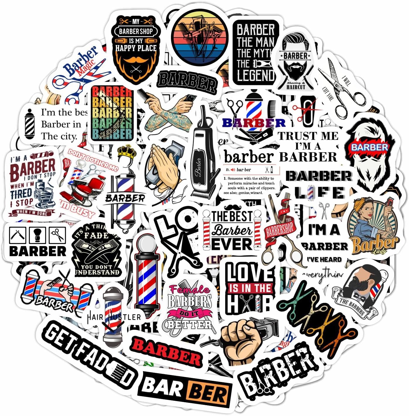 BulbaCraft 100Pcs Barber Stickers, Barbershop Stickers for Water Bottle & Laptop Decals - Barber Party Favors, Barbershop Accessories, Decorations & Supplies, Gifts for Women & Men